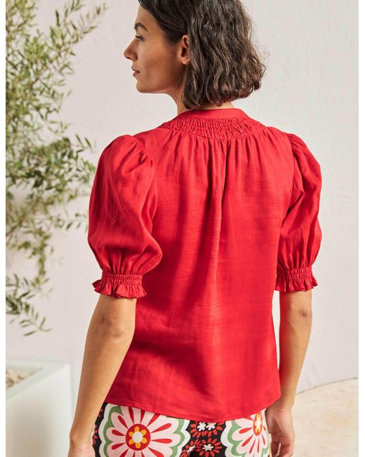 Boden Smocked Short Sleeve Blouse in Red | Lyst