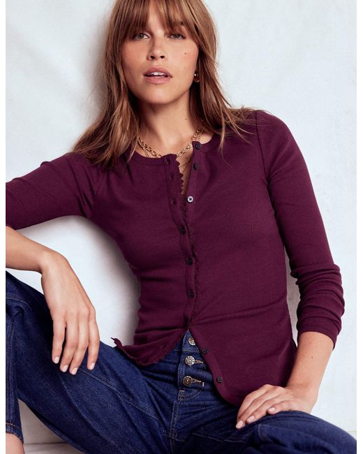 Boden Purple Evie Button Through Ribbed Top