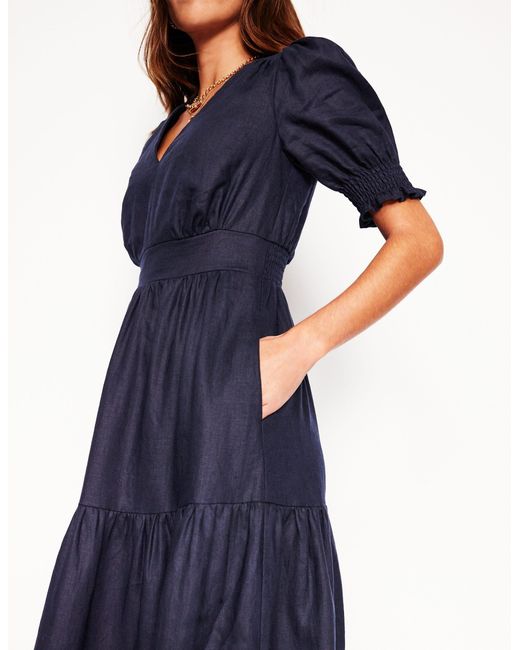 Boden Anna Linen Tiered Midi Dress in Blue | Lyst