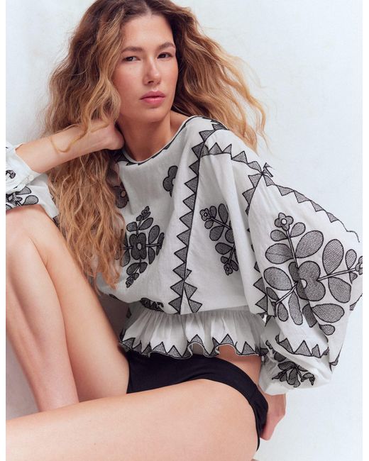 Boden Brown Embroidered Holiday Top