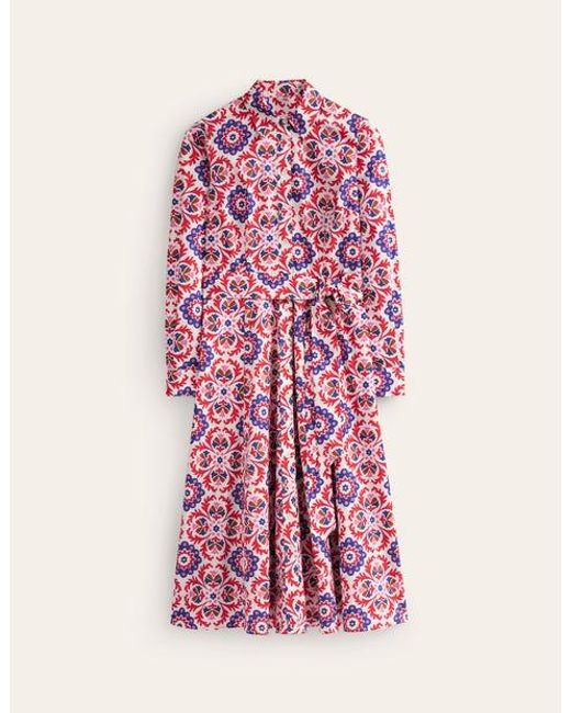 Boden Pink Amy Cotton Midi Shirt Dress Rubicondo, Mosaic Bloom