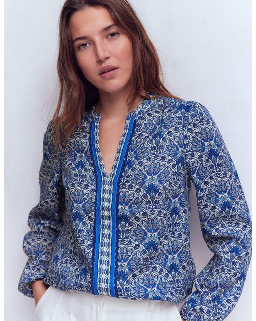 Boden Blue Notch Neck Linen Trim Top- Elaborate Terrace