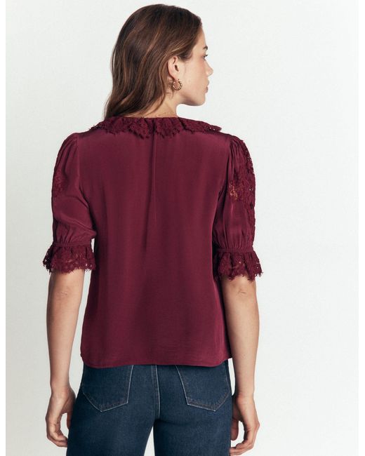 Boden Purple Ruffle V-Neck Lace Top