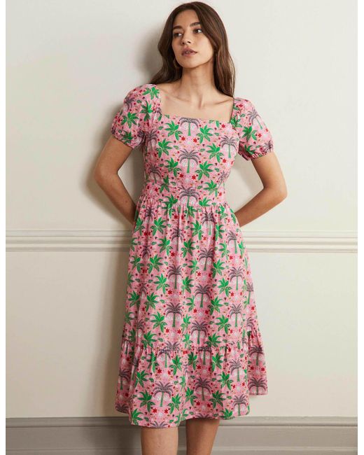 Boden Cotton Square Neck Tiered Dress Posy , Oriental Palm in Pink - Lyst