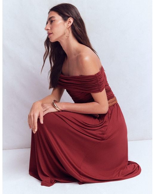 Boden Brown Ruched Bardot Maxi Dress