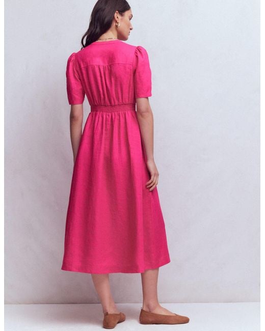 Boden Pink Ivy Button Linen Midi Dress