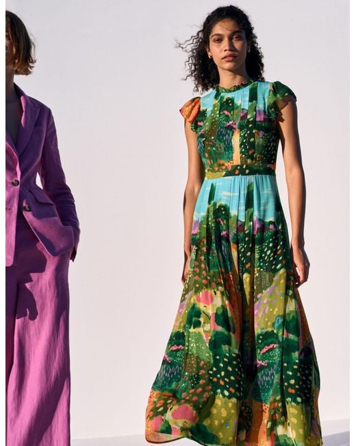 Boden Green Pleat Ruffle Maxi Dress