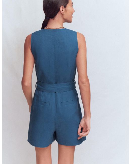 Boden Blue Laura V-Neck Linen Playsuit