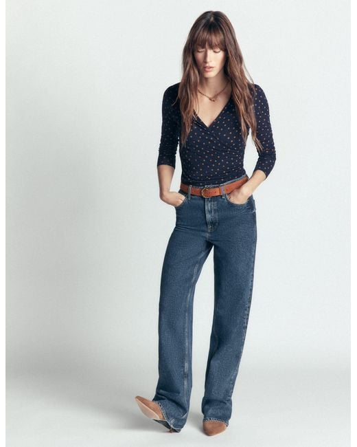 Boden Blue Ruched Long Sleeve Wrap Top
