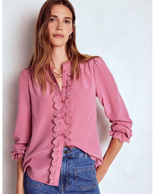 Boden Red Alice Frill Front Silk Top