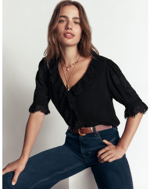 Boden Black Ruffle V-Neck Lace Top
