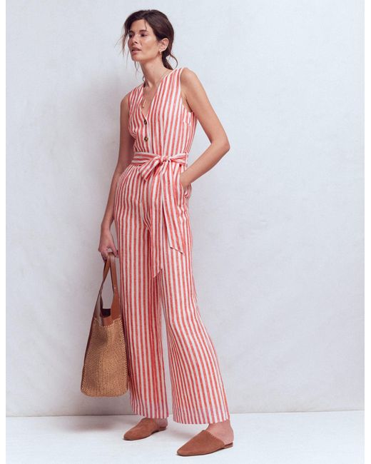 Boden Pink Laura V-Neck Linen Jumpsuit