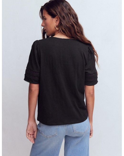 Boden Black Poppy Trim V Neck T-Shirt