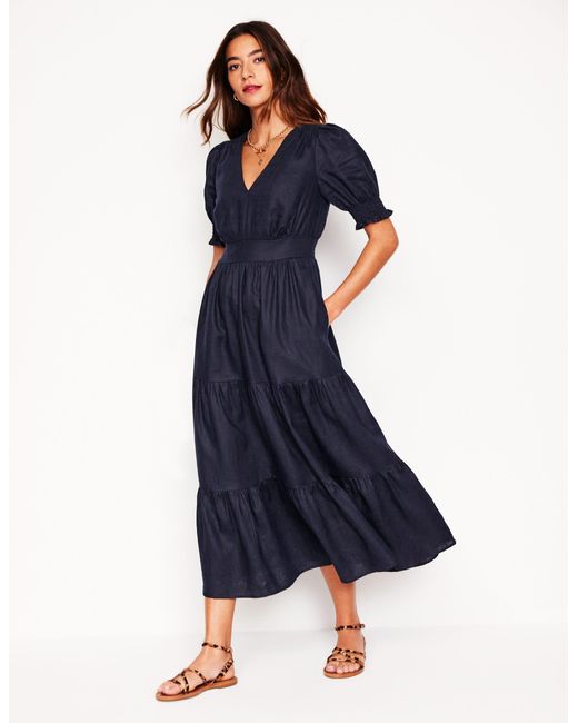 Boden Anna Linen Tiered Midi Dress in Blue | Lyst