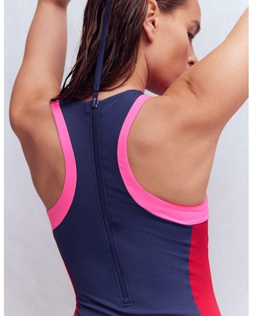 Boden Blue Sporty High Neck Swimsuit