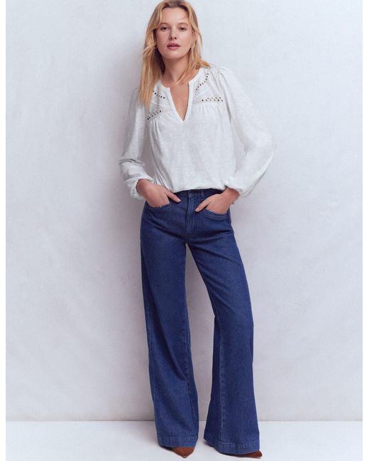 Boden White Woven-Mix Notch Neck Top