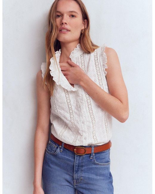 Boden White Isabel Sleeveless Broderie Top