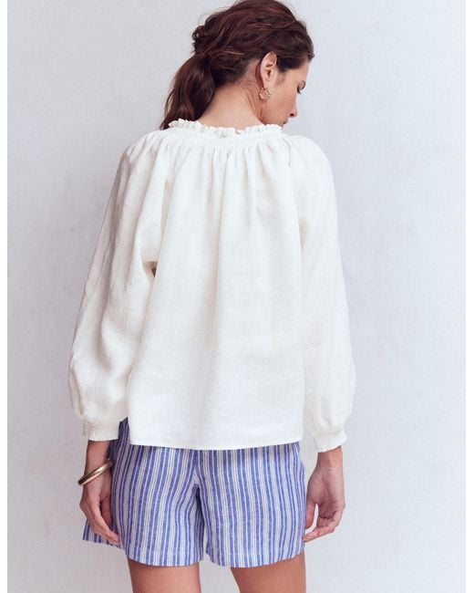Boden White Serena Pleat Neck Linen Top