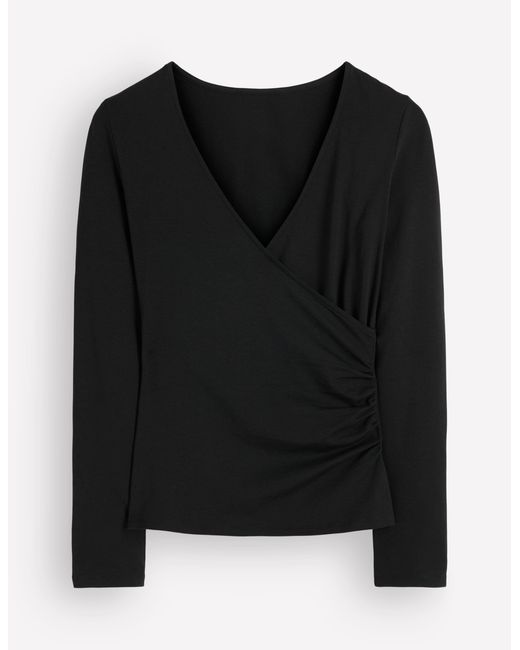 Boden Black Ruched Long Sleeve Wrap Top