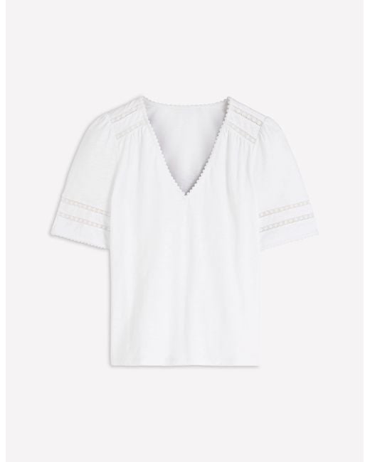 Boden White Poppy Trim V Neck T-Shirt