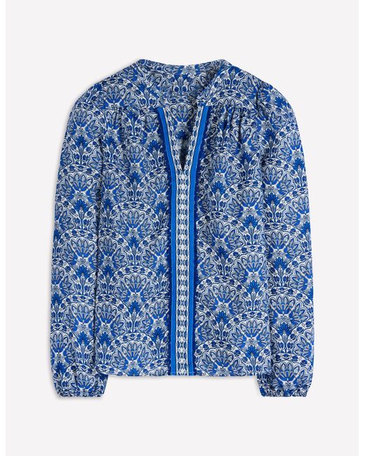 Boden Blue Notch Neck Linen Trim Top- Elaborate Terrace