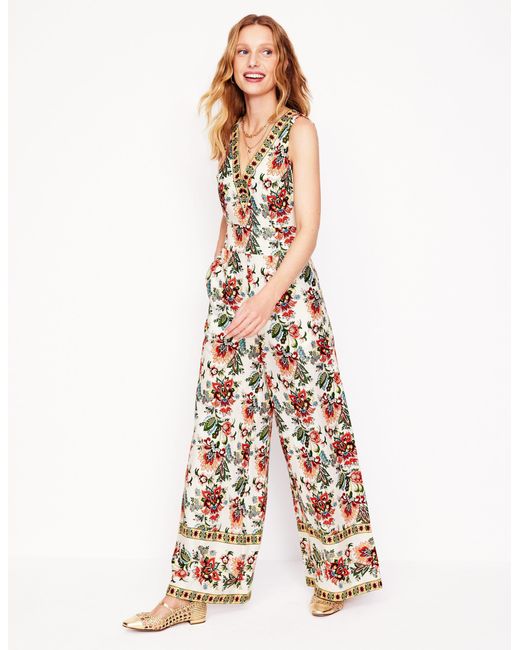 Boden White V-Neck Linen Jumpsuit-Ivory, Botanica Terrace