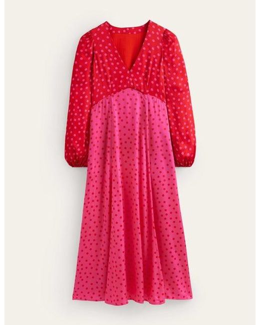 Boden Red Blouson Sleeve Midi Tea Dress Salsa, Dotty Spot