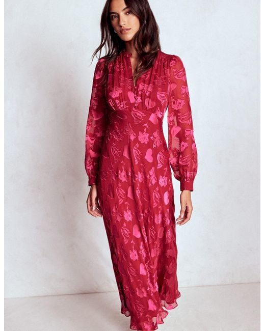 Boden Red Cassie Devore Midi Tea Dress- Peony, Dainty Medley