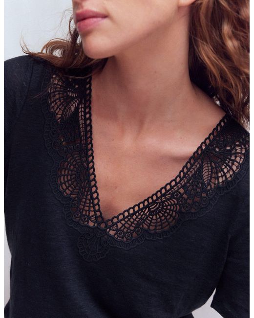 Boden Blue Tara Lace Trim Linen T-Shirt