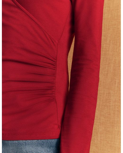 Boden Red Ruched Long Sleeve Wrap Top