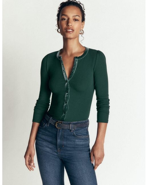 Boden Green Velvet Trim Ribbed Cardigan