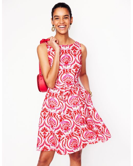 Boden Red Anya Ärmelloses Leinenkleid-Mohnblumenrot, Blumenmuster Mit Ornamenten