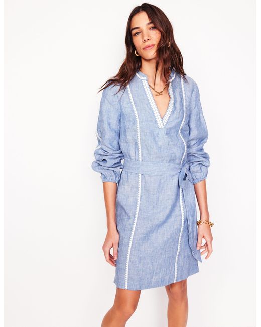 Boden Blue Cleo Linen Tie Waist Dress