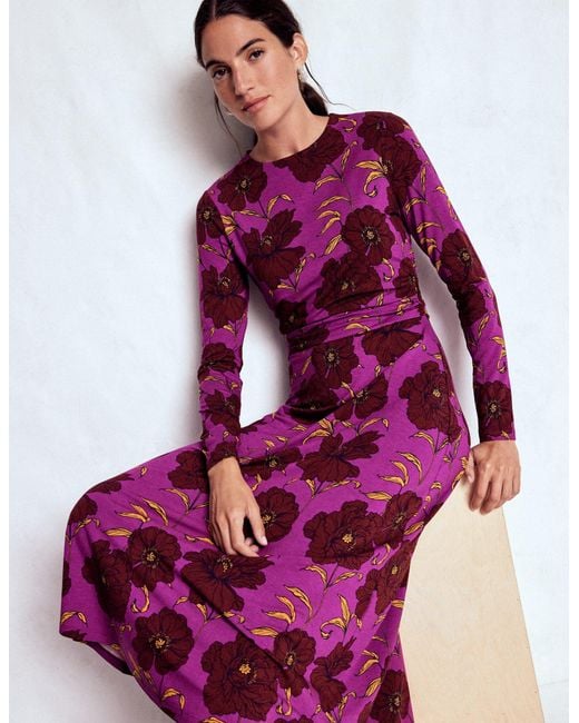Boden Purple Ruched Jersey Midi Dress-Regal, Peony Bloom