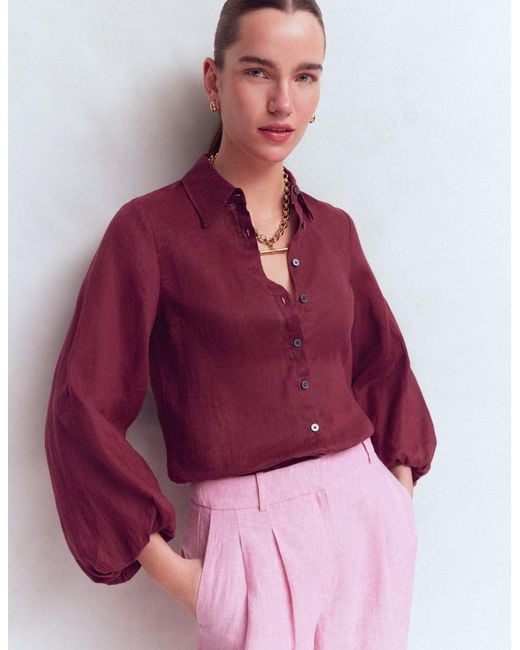 Boden Red Puff Sleeve Linen Shirt