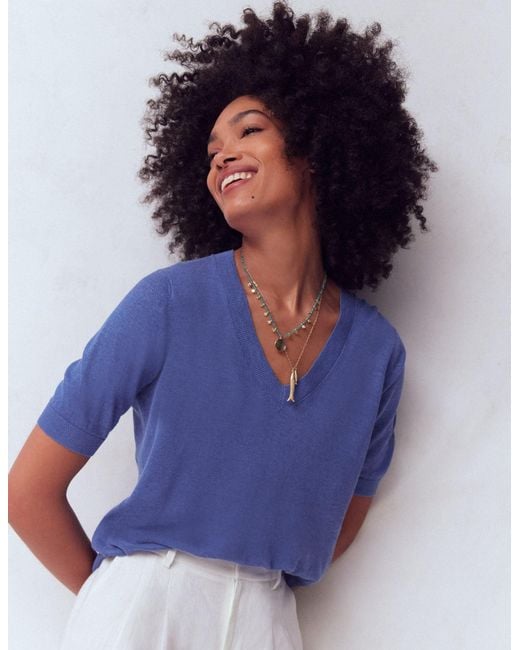 Boden Blue Agnes Linen V Neck T-Shirt