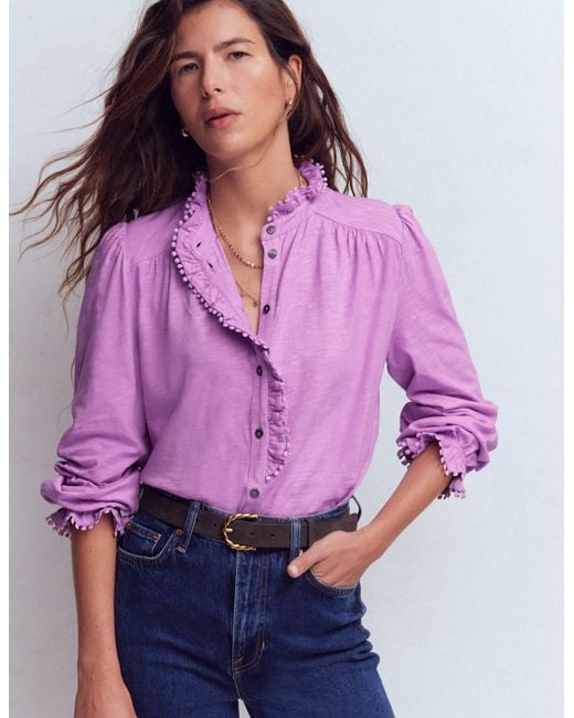 Boden Purple Emily Pom Trim Ruffle Shirt