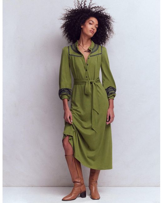Boden Women's Green Ruffle Jersey Midi Shirt Dress - hulwithkids.com