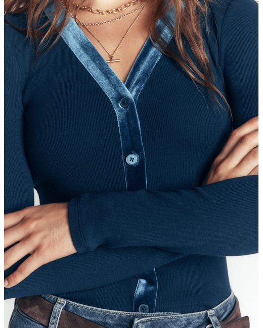 Boden Blue Velvet Trimmed V-Neck Top