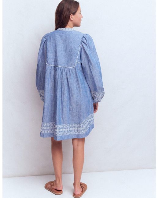 Boden Blue Pia Linen Yoke Tassel Dress