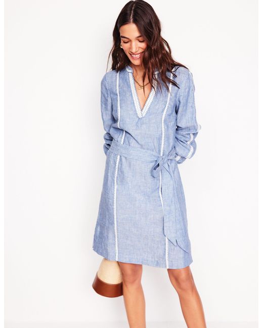 Boden Blue Cleo Linen Tie Waist Dress