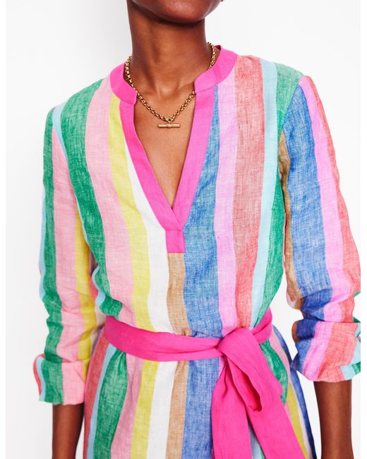 Robe Cleo Nouée À La Taille En Lin-Rayé Arc-En-Ciel Vif Boden en coloris White
