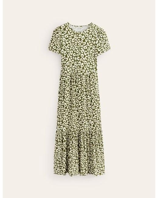 Boden Green Emma Tiered Jersey Midi Dress Moss, Animal Cheetah