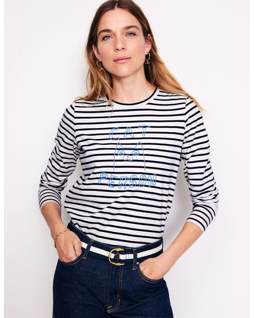 Boden Blue Embroidered Regular Tshirtivory, Cat Person