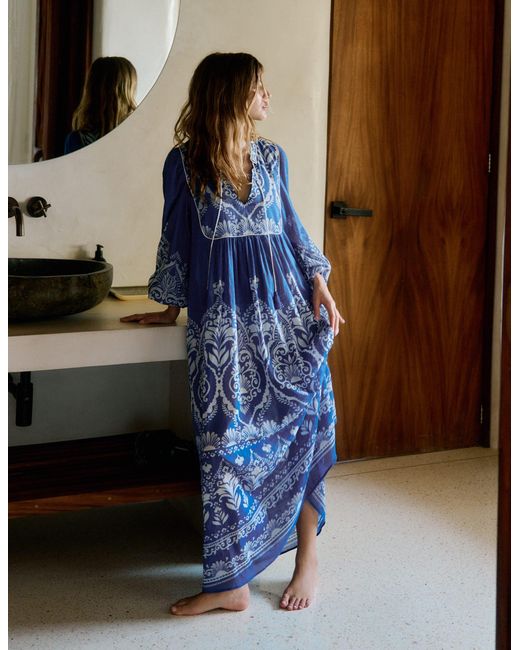 Boden Blue Boho Tie Neck Kaftan Dress
