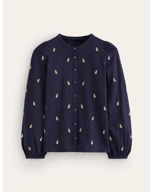 Boden Blue Marina Embroidered Shirt Navy, Pineapple Embroidery