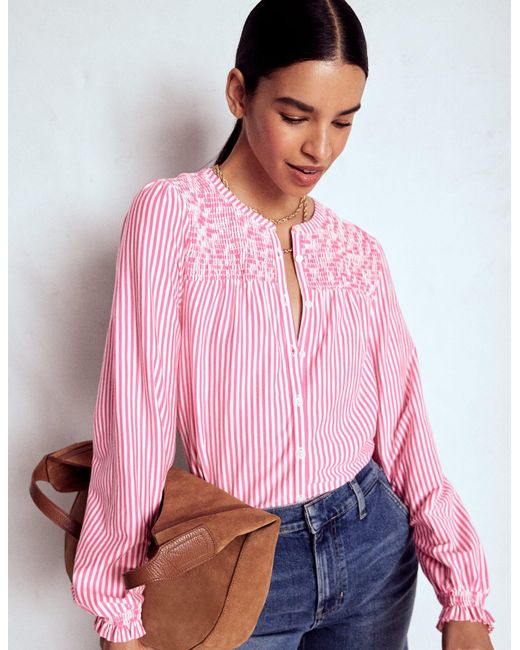Boden Pink Elsa Smocked Yoke Jersey Shirt