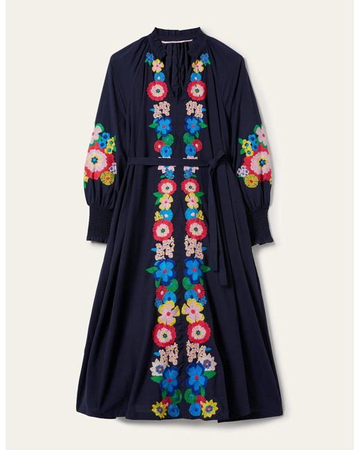 Boden Blue Embroidered Cotton Maxi Dress
