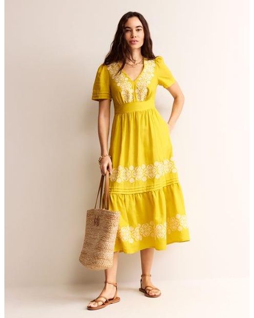 Boden Yellow Eve Linen Midi Dress