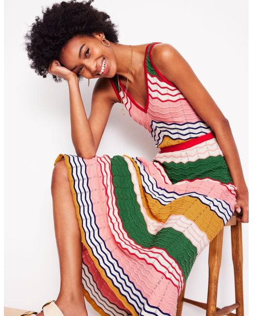 Boden Red Maxi-Strickkleid Mit V-Ausschnitt-Ackerbohnengrün/ Gestreift